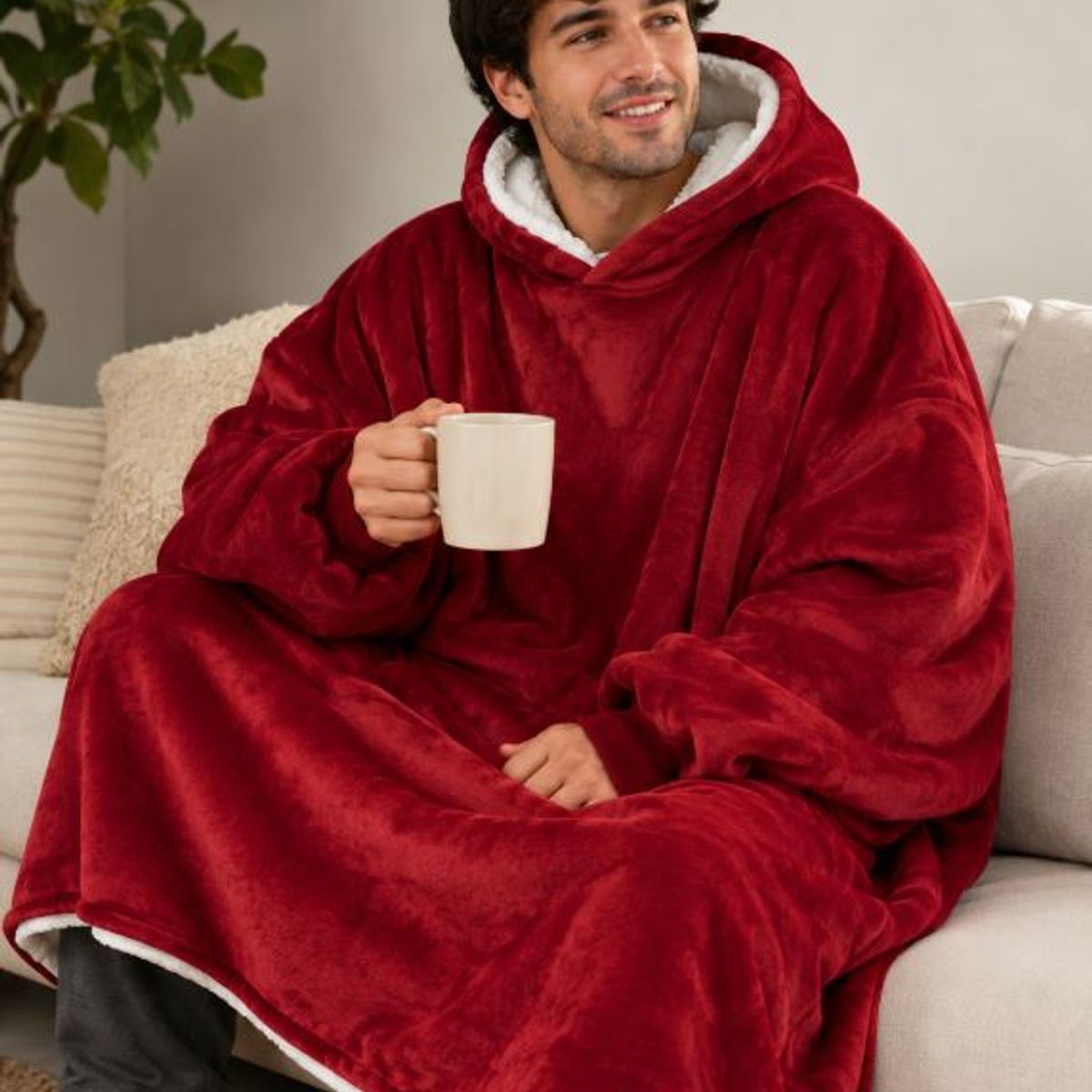 MOVI - Polerón Sherpa Oversize con Capucha Tipo Huggle  Talla Única - Rojo