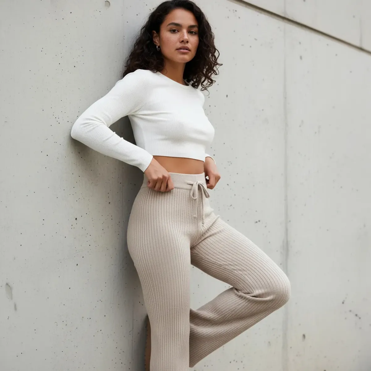 AGW - Pantalón Lanilla Tejido Palazzo Tiro Alto Elasticados Wide Leg