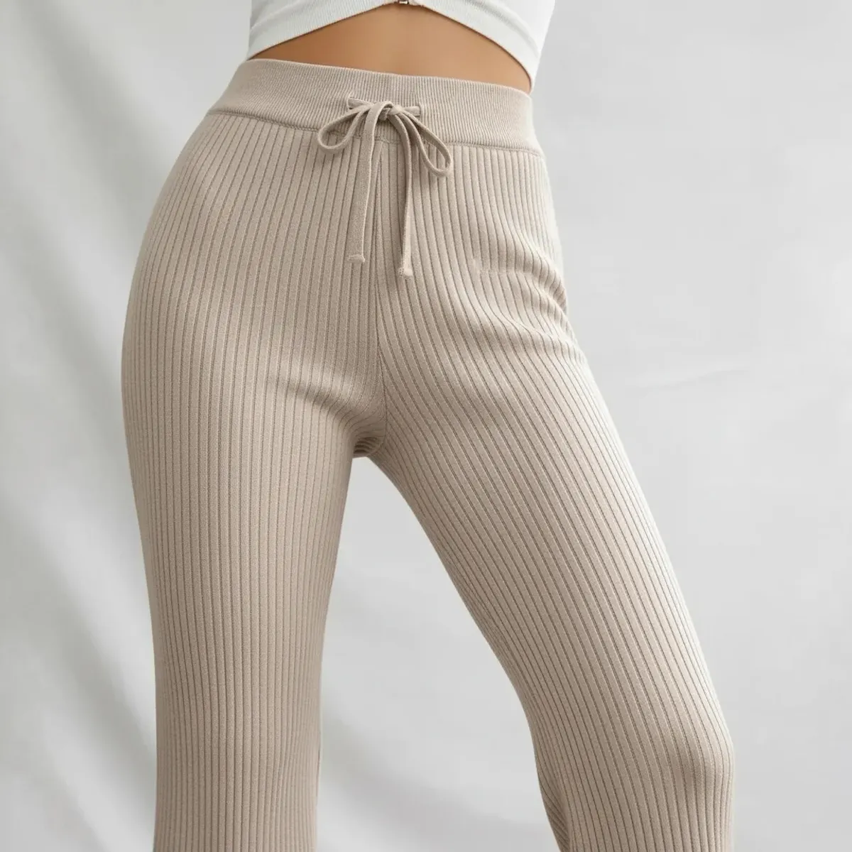 AGW - Pantalón Lanilla Tejido Palazzo Tiro Alto Elasticados Wide Leg