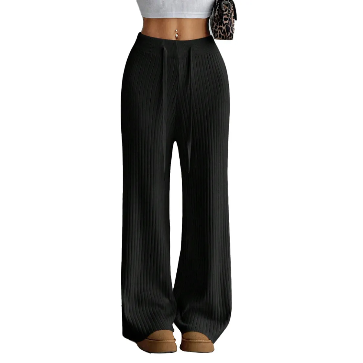 AGW - Pantalón Lanilla Tejido Palazzo Tiro Alto Elasticados Wide Leg