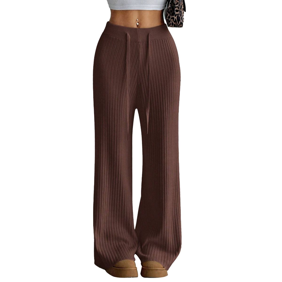 AGW - Pantalón Lanilla Tejido Palazzo Tiro Alto Elasticados Wide Leg