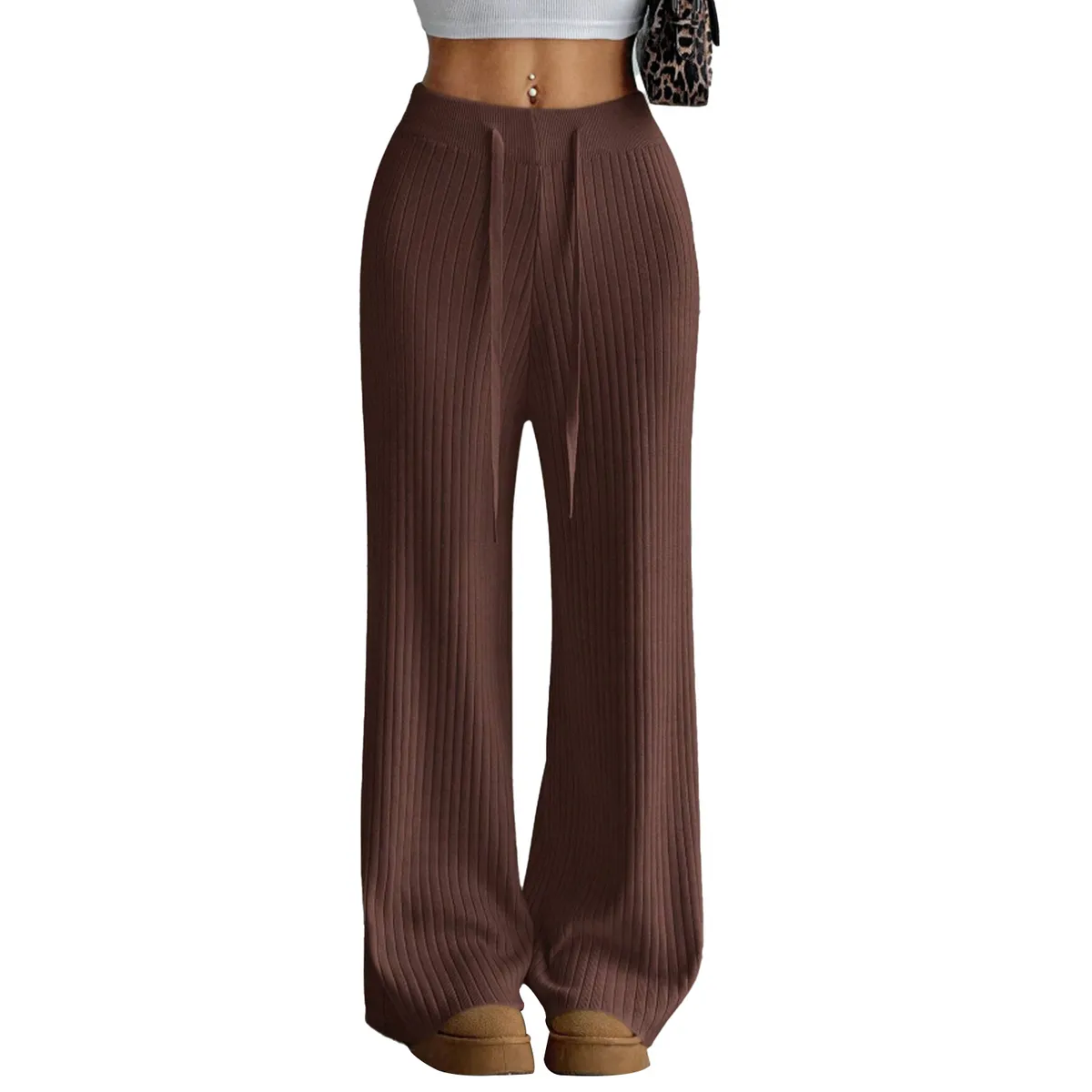 AGW - Pantalón Lanilla Tejido Palazzo Tiro Alto Elasticados Wide Leg
