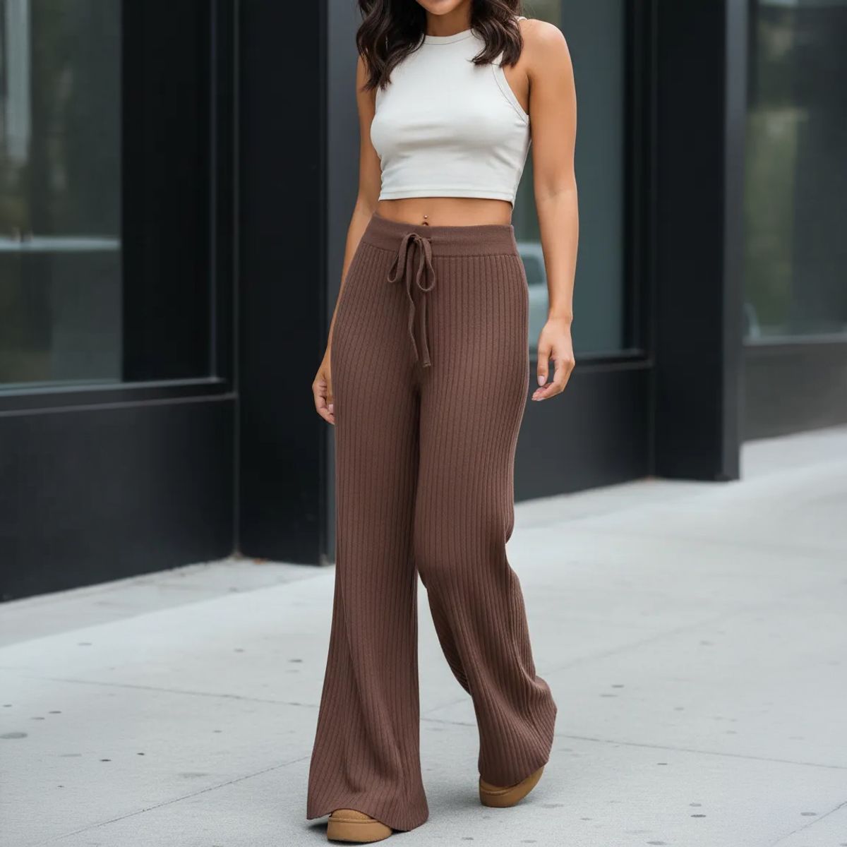 AGW - Pantalón Flare Lanilla Tejido Palazzo Tiro Alto Elasticados Wide Leg