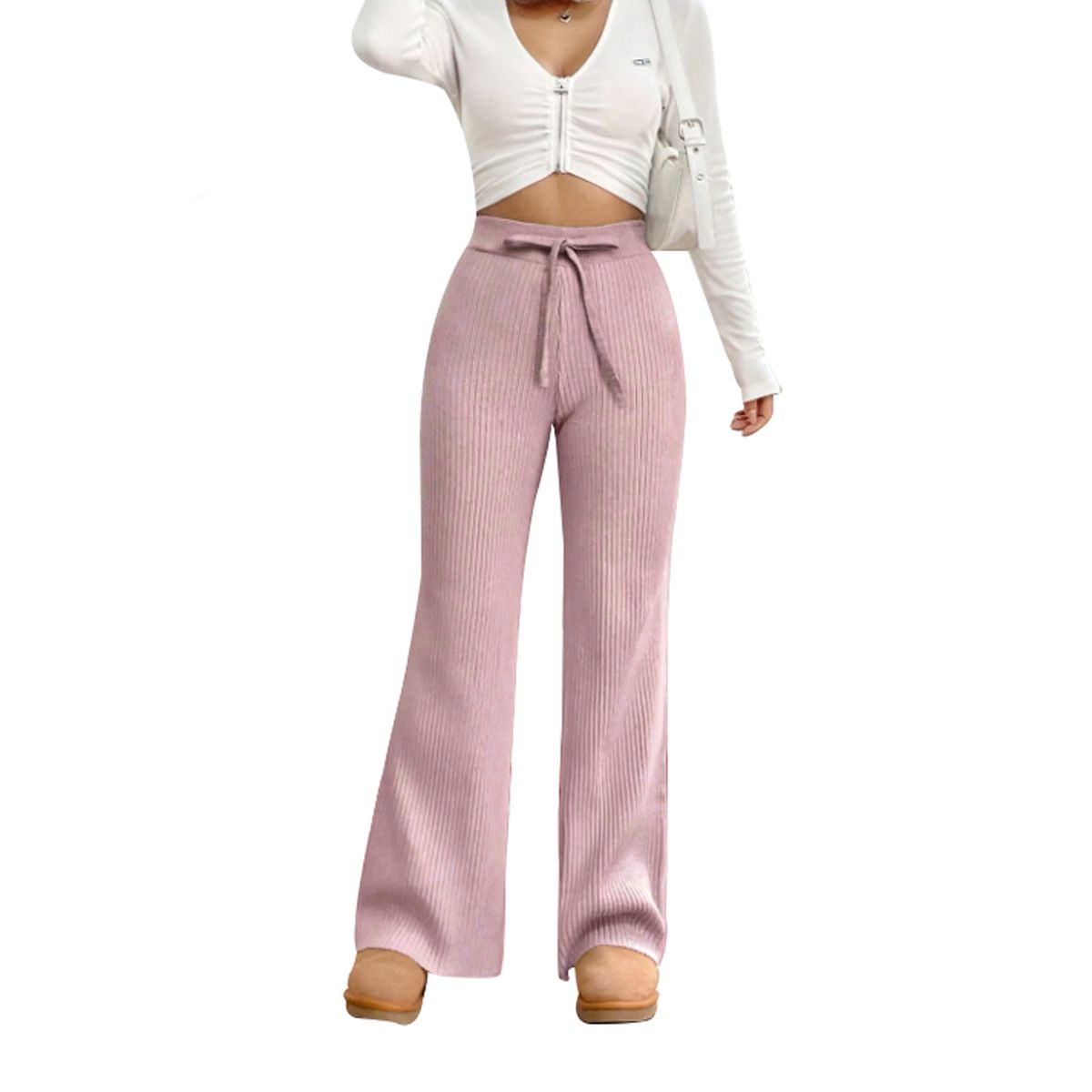 AGW - Pantalón Lanilla Tejido Palazzo Tiro Alto Elasticados Wide Leg