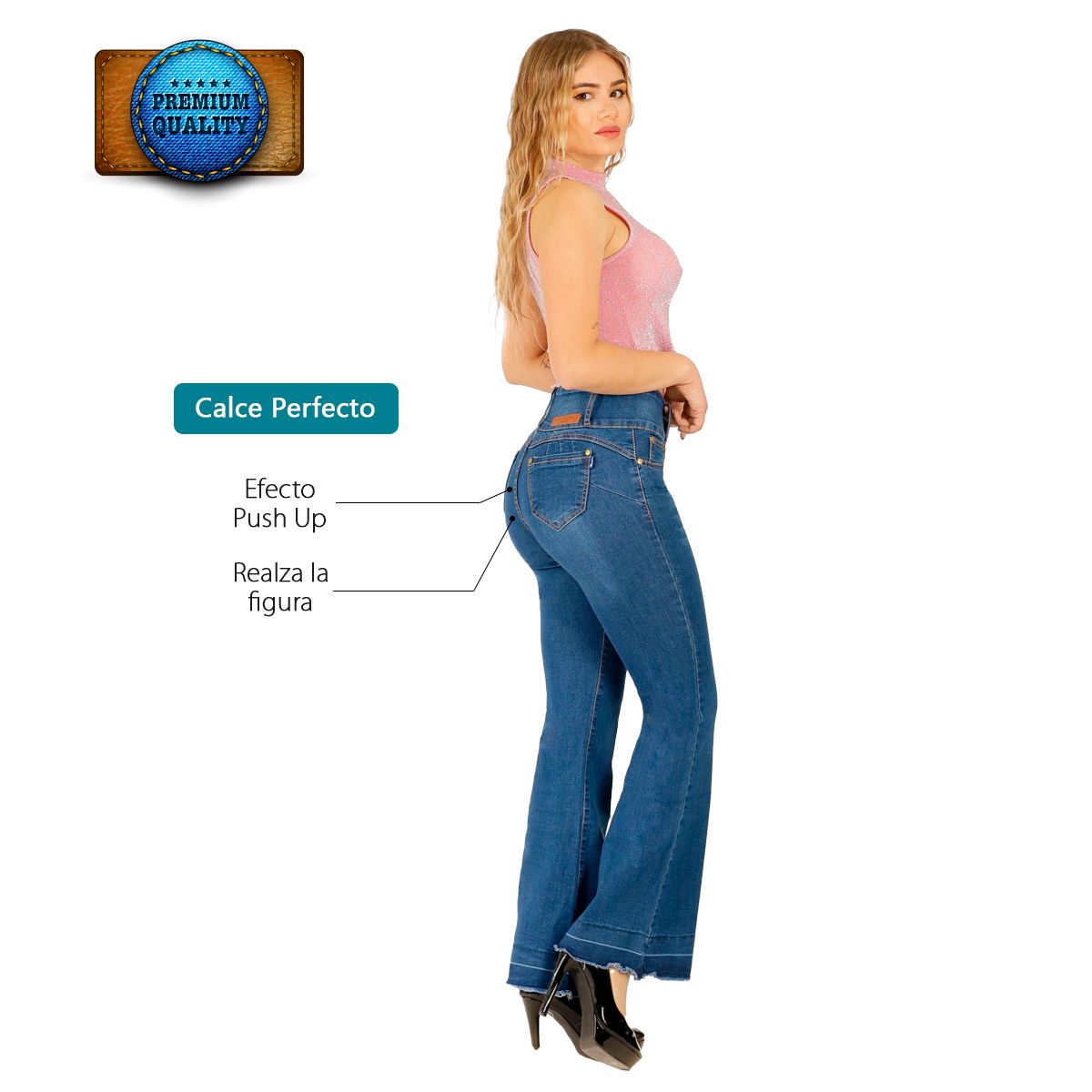 AGW - Jeans Flare Push Up Acampanado Levanta Cola Corte Colombiano Tiro Alto