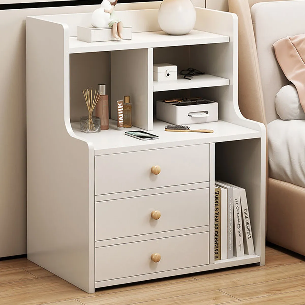 ROHE - Velador 3 Niveles Con Cajones, Color Blanco, 50x30x70 cm