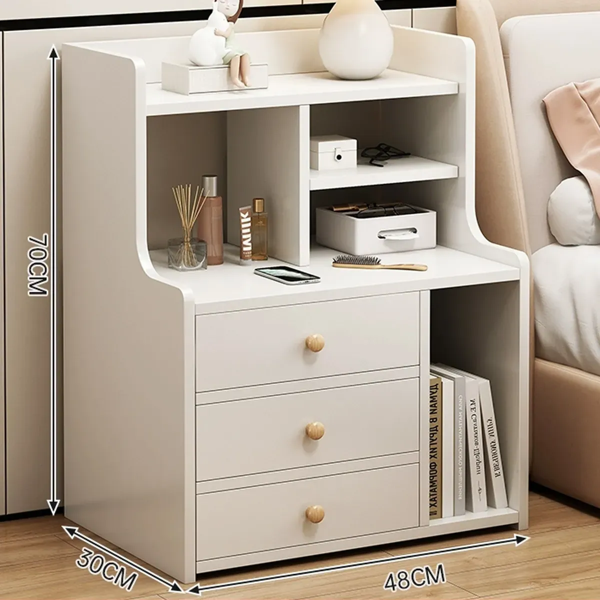 ROHE - Velador 3 Niveles Con Cajones, Color Blanco, 50x30x70 cm