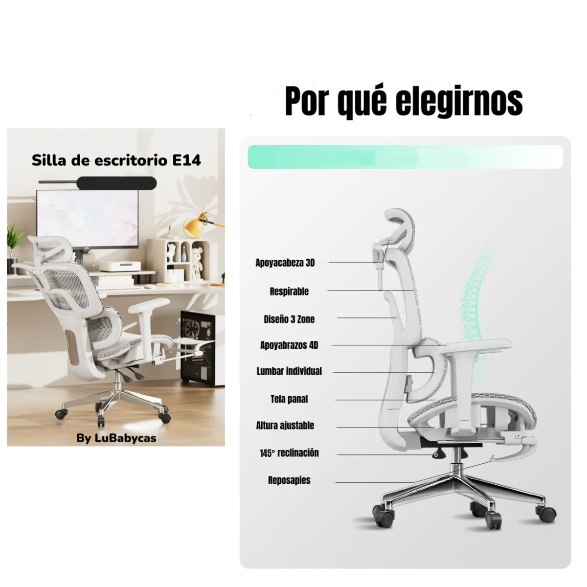LUBABYCAS - Silla De Escritorio Reclinable E14 Blanca By LuBabycas