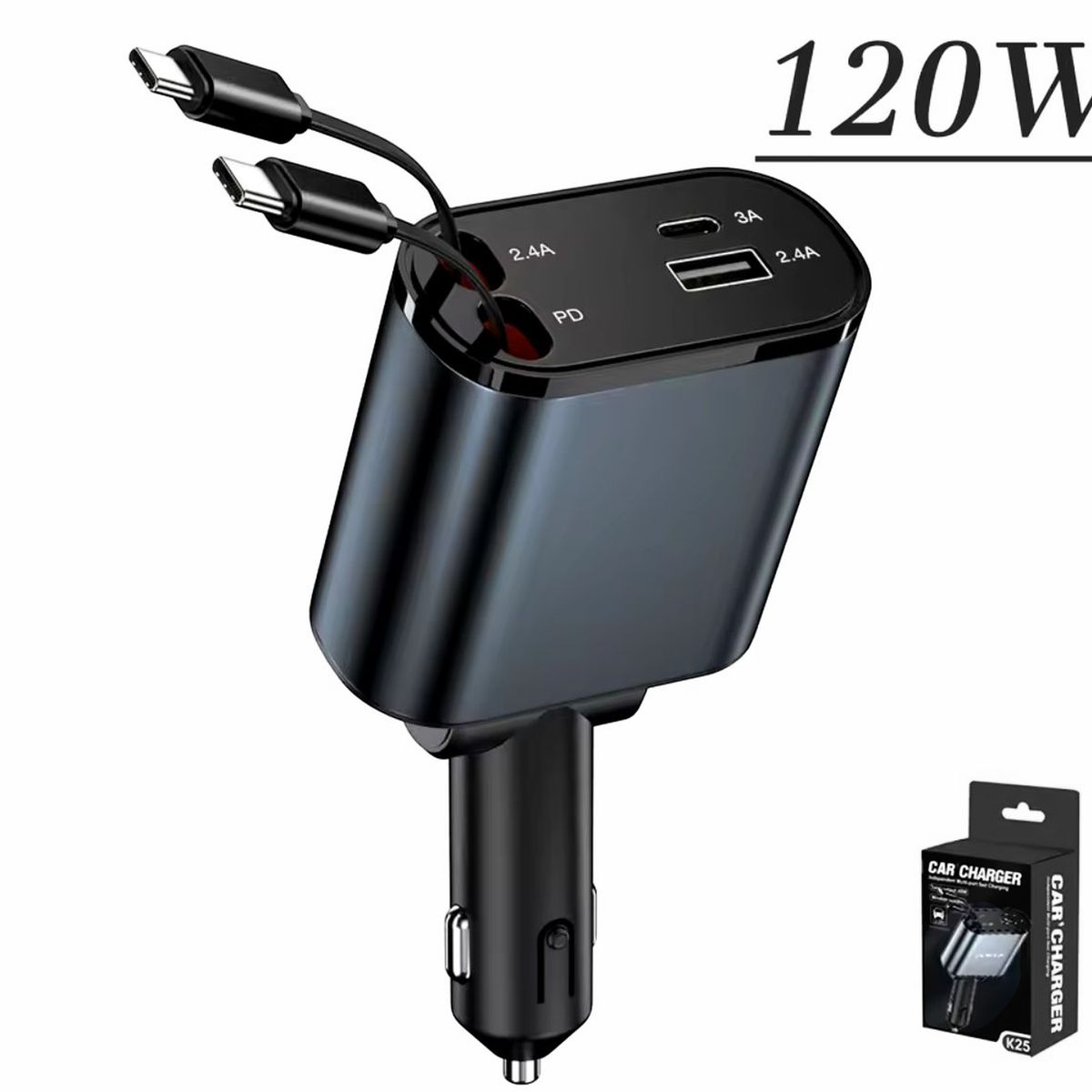 GENERICO - Cargador Auto USB 4 En 1 Con Cables Retractil