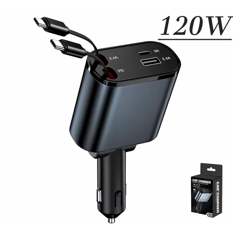 GENERICO - Cargador Auto USB 4 En 1 Con Cables Retractil