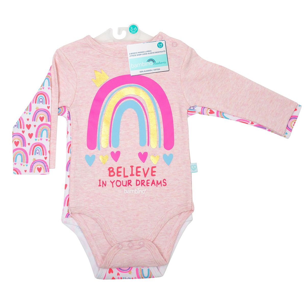 BAMBINO - Set 2 Body Manga Larga Rosa Arcoiris Niña 0-3 Meses