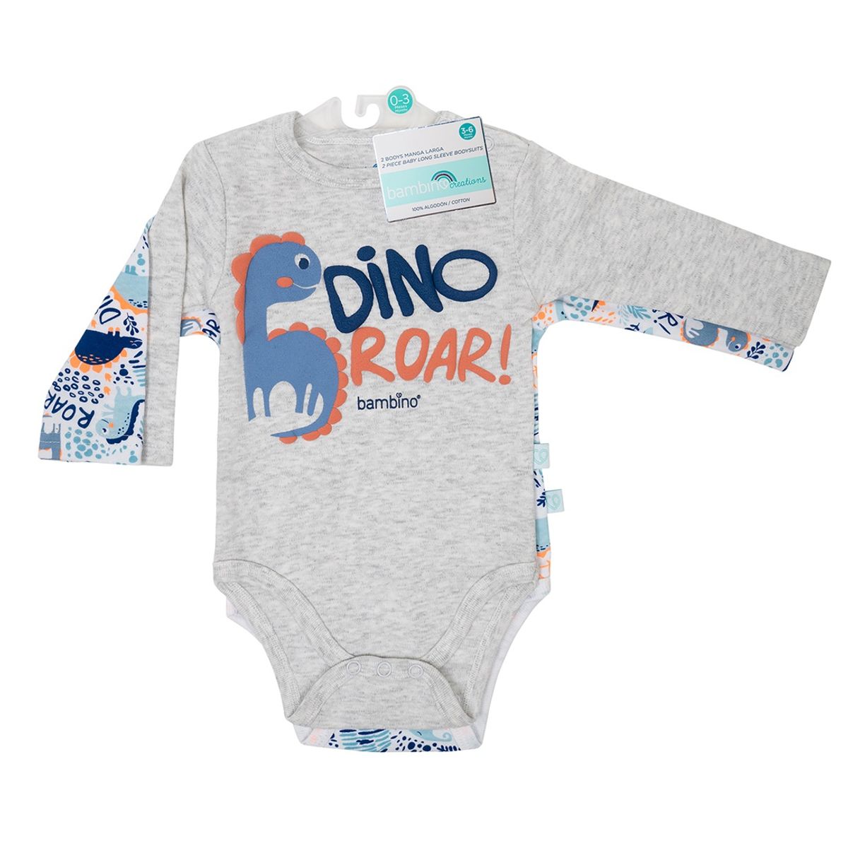 BAMBINO - Set 2 Piezas Bodys Manga Larga Bambino  Dinosaurio Azul 9-12 Meses