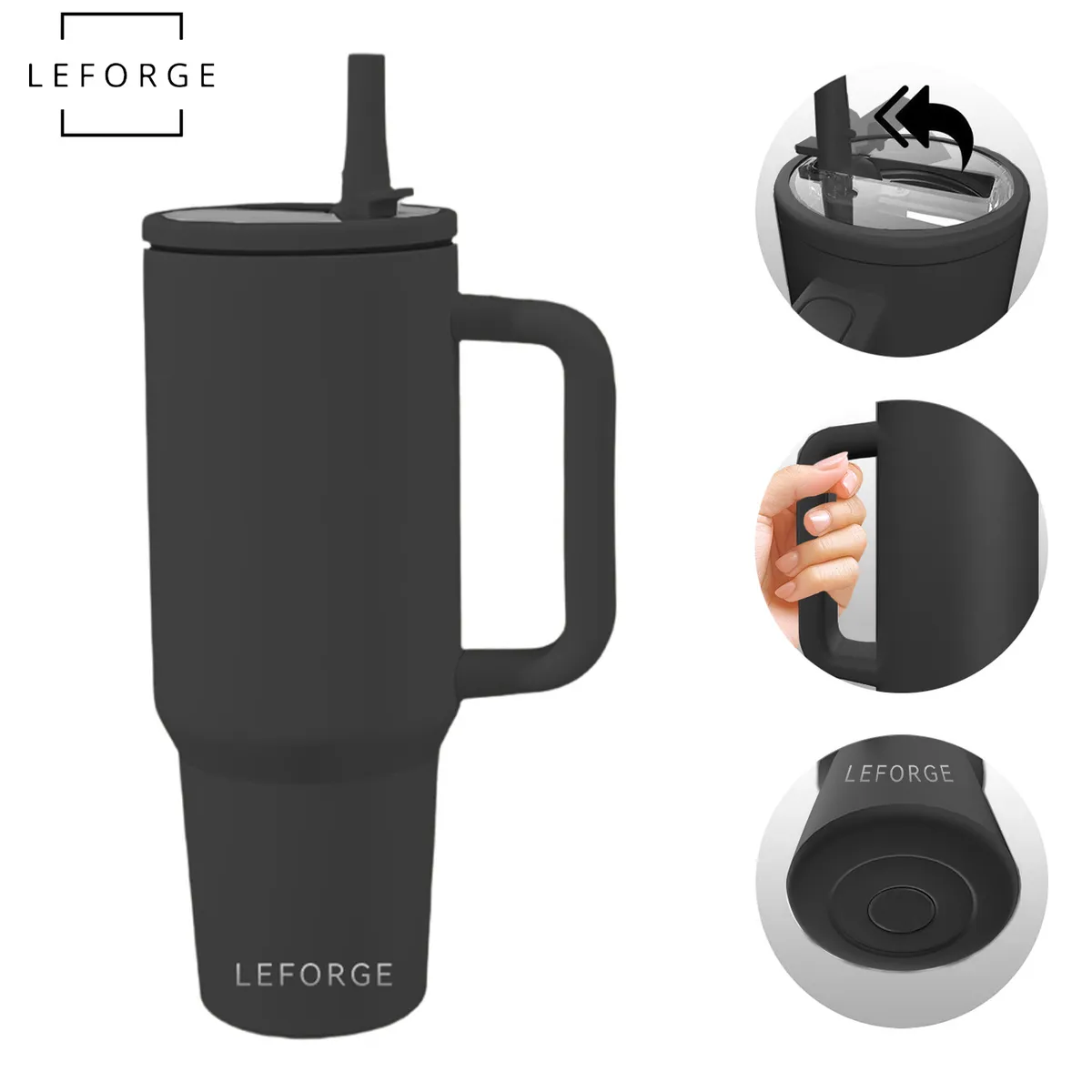 LEFORGE - Mug Vaso Termico 1200ml Con Bombilla Plegable Color Negro