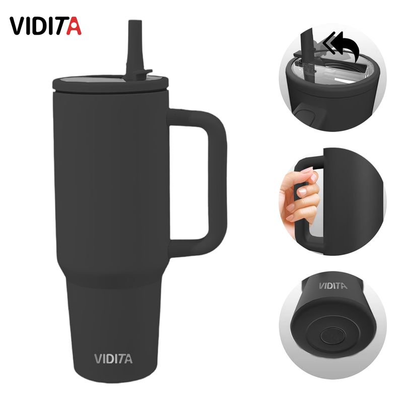 REBONEC - Mug Vaso Termico 1200ml Con Bombilla Plegable Color Negro