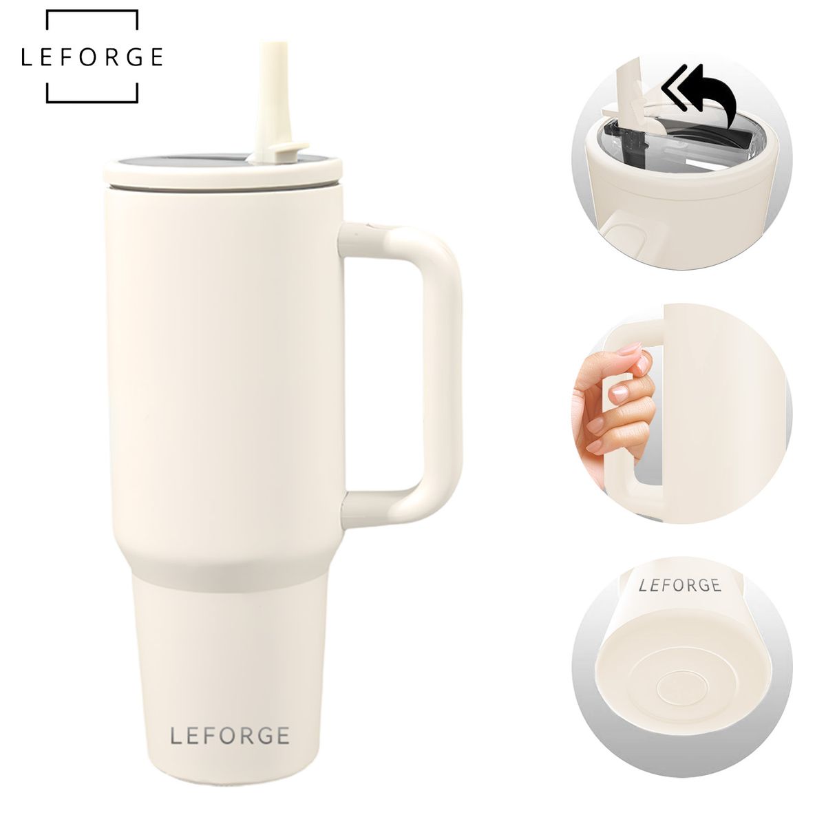 REBONEC - Mug Vaso Termico 1200ml Con Bombilla Plegable Color Blanco Crema