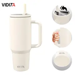 VIDITA - Mug Vaso Termico 1200ml Con Bombilla Plegable Color Blanco Crema