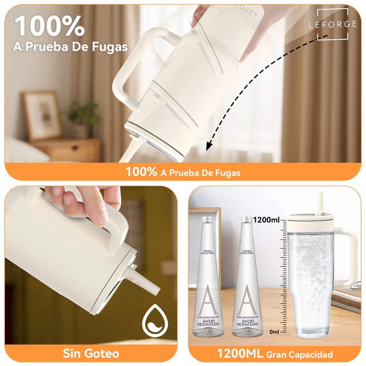 REBONEC - Mug Vaso Termico 1200ml Con Bombilla Plegable Color Blanco Crema