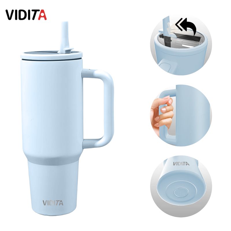 VIDITA - Mug Vaso Termico 1200ml Con Bombilla Plegable Color Azul
