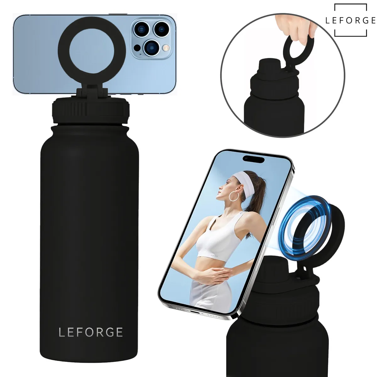 LEFORGE - Botella Termica Agua Con Soporte Magnético 1000ml Color Negro