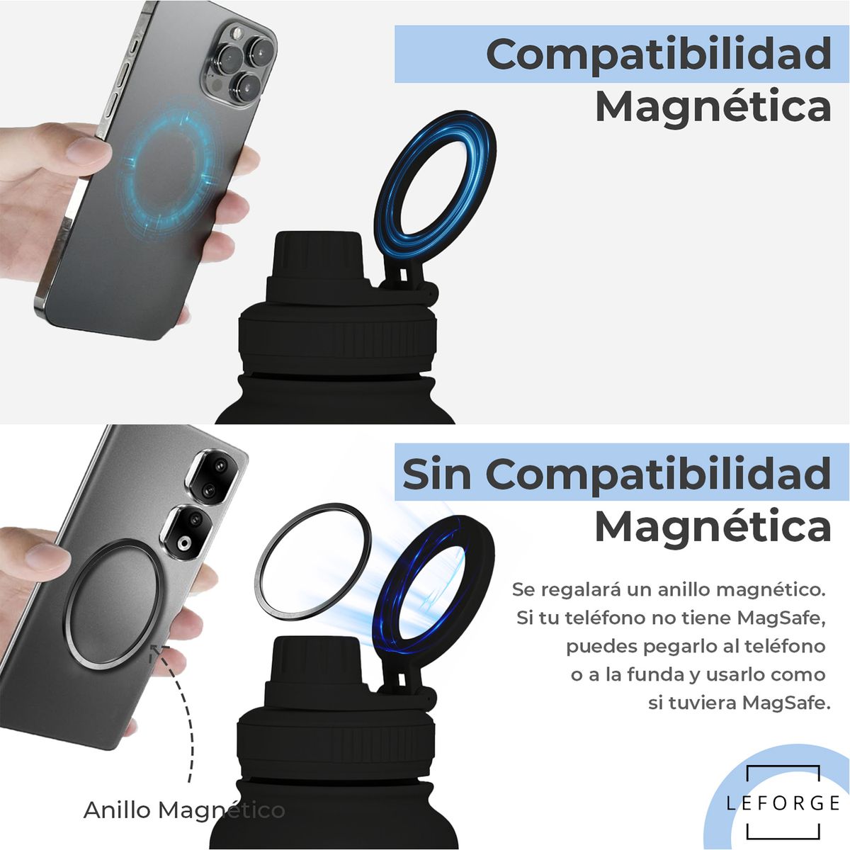 LEFORGE - Botella Termica Agua Con Soporte Magnético 1000ml Color Negro