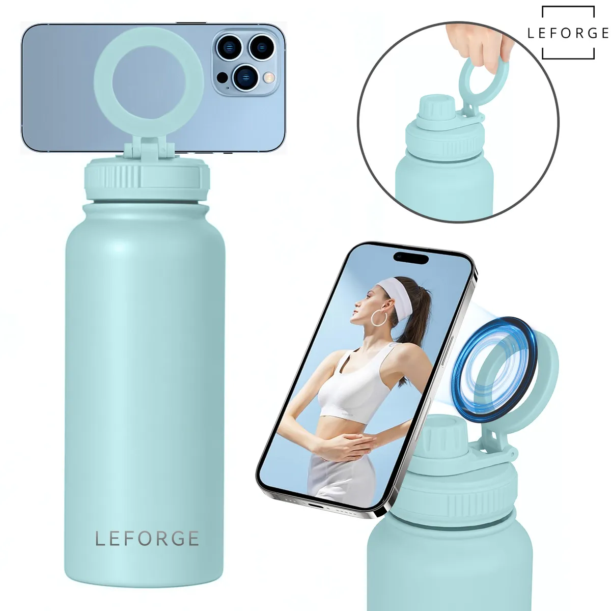 LEFORGE - Botella Termica Agua Con Soporte Magnético 1000ml Color Celeste