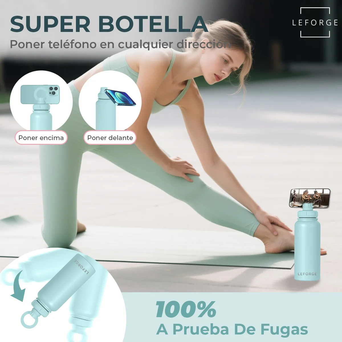 LEFORGE - Botella Termica Agua Con Soporte Magnético 1000ml Color Celeste