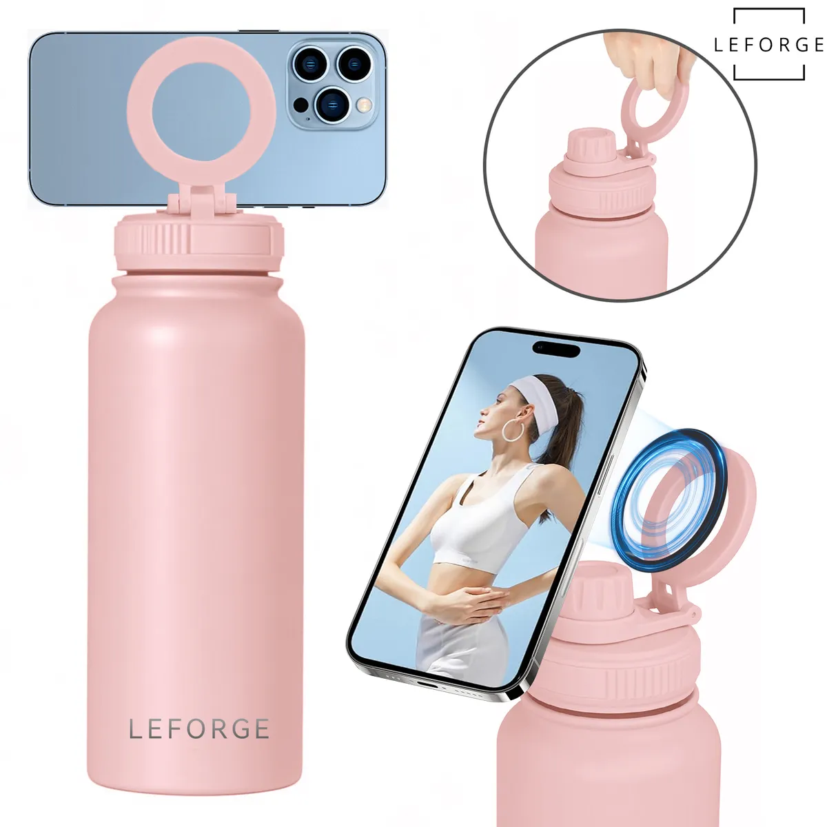 LEFORGE - Botella Termica Agua Con Soporte Magnético 1000ml Color Rosado