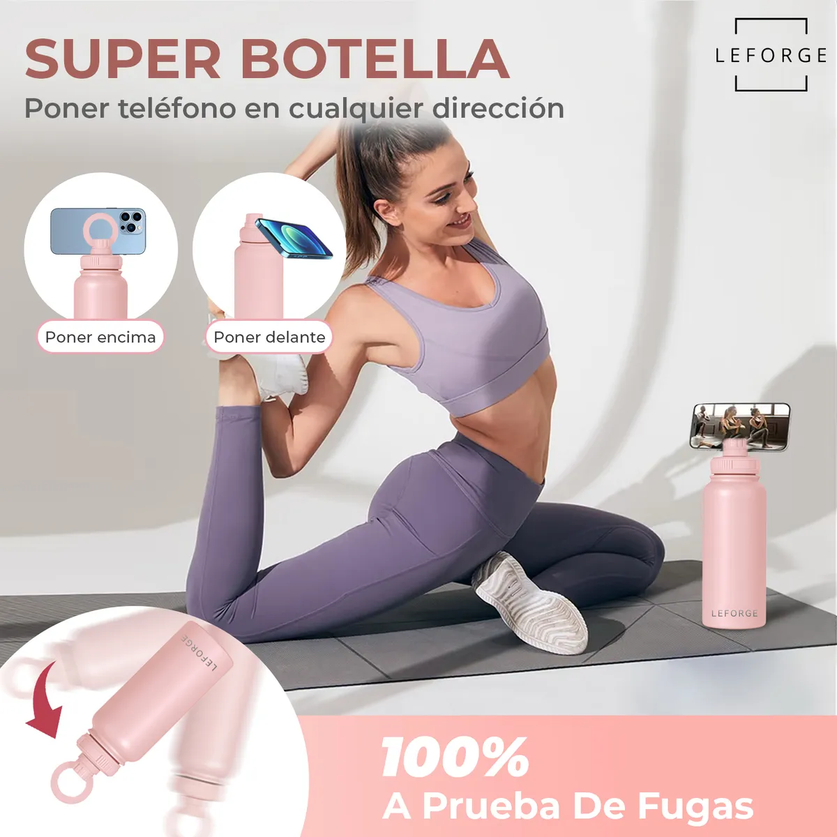 LEFORGE - Botella Termica Agua Con Soporte Magnético 1000ml Color Rosado