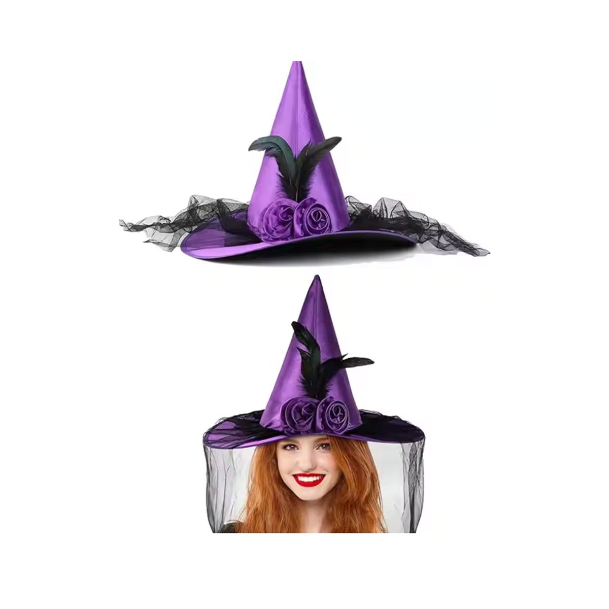 COTILLON ACTIVARTE - Gorro Sombrero Disfraz Bruja Halloween Flor-pluma