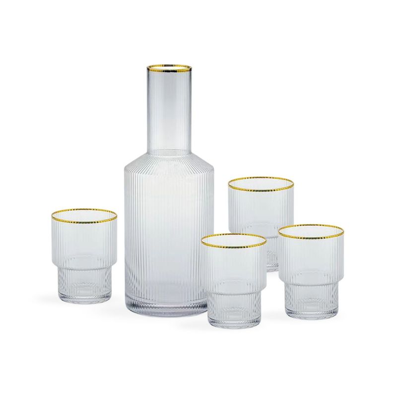 SANTU HOME & DECO - Jarra de Vidrio y 4 Vasos Estilo Europeo Borde Dorado