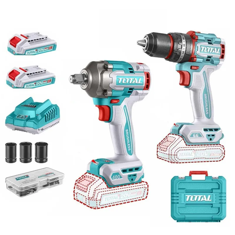 TOTAL TOOLS - Kit Llave Impacto 400nm + Taladro 20v Carg+ 2bat Total