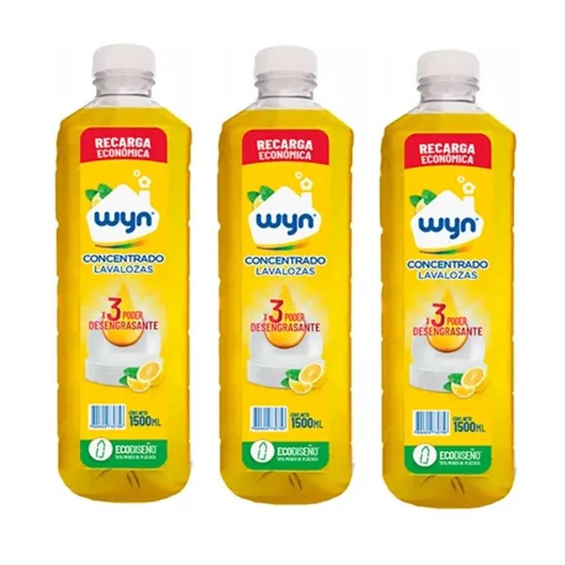 GENERICO - Pack X3 Lavalozas Concentrado Wyn 1500ml Poder Desengrasante