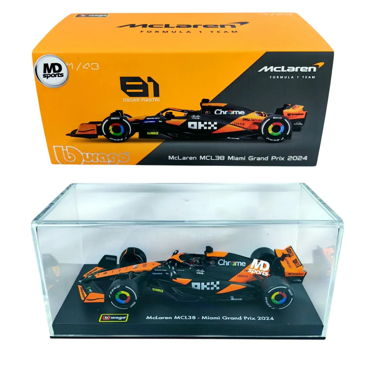 BBURAGO - Auto F1 Mclaren MCL38 2024 Miami #81 Piastri Caja Acril 1:43