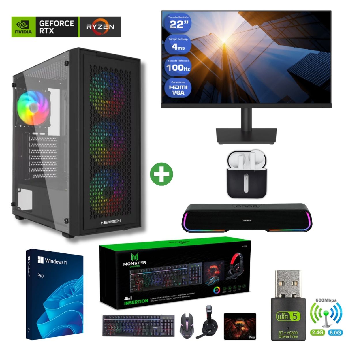 AMD CORP - Pc Gamer AMD 5 5500 - 32GB - RTX 3050 - 2TB (Monitor 22" + Parlante + HP) TNM01