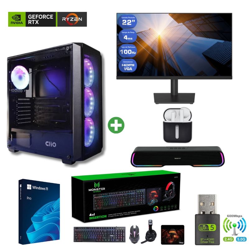 AMD CORP - Pc Gamer AMD 5 5500 - 32GB - RTX 3050 - 2TB (Monitor 22" + Parlante + HP) P1