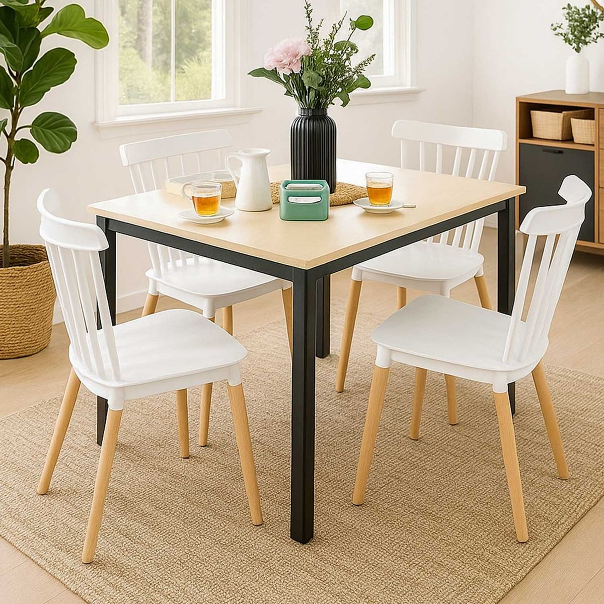 EL BARCO - Juego de Comedor New York + 4 Sillas Windsor Blancas