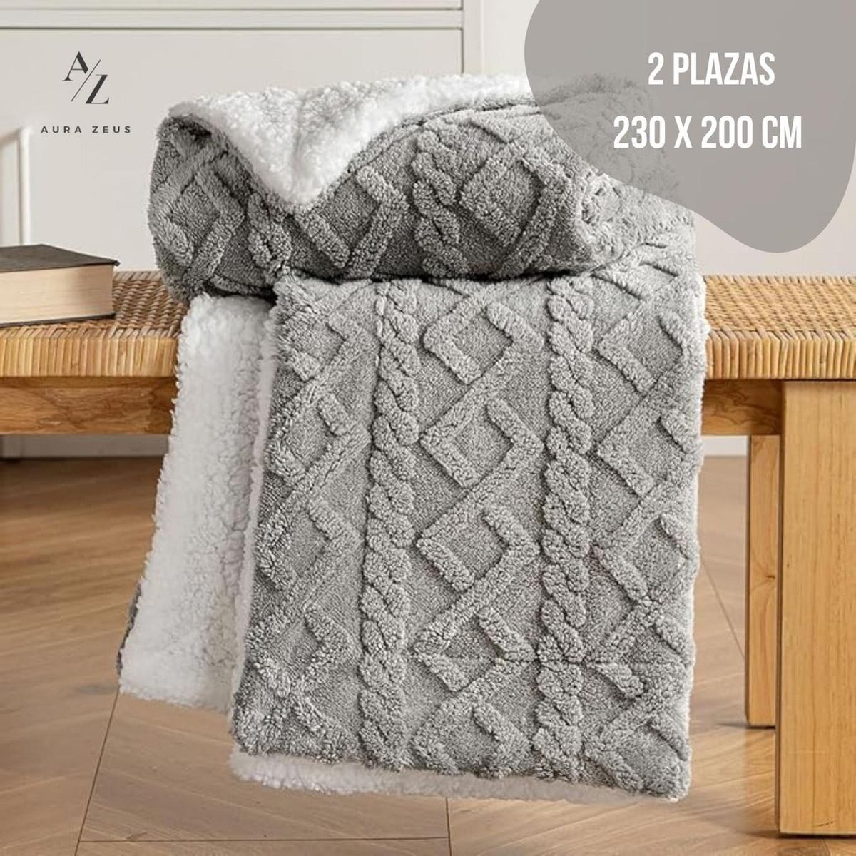 AZ AURAZEUS - Frazada Chiporro 2 Plazas Manta Termica Sherpa Polar Gris Diseño Az