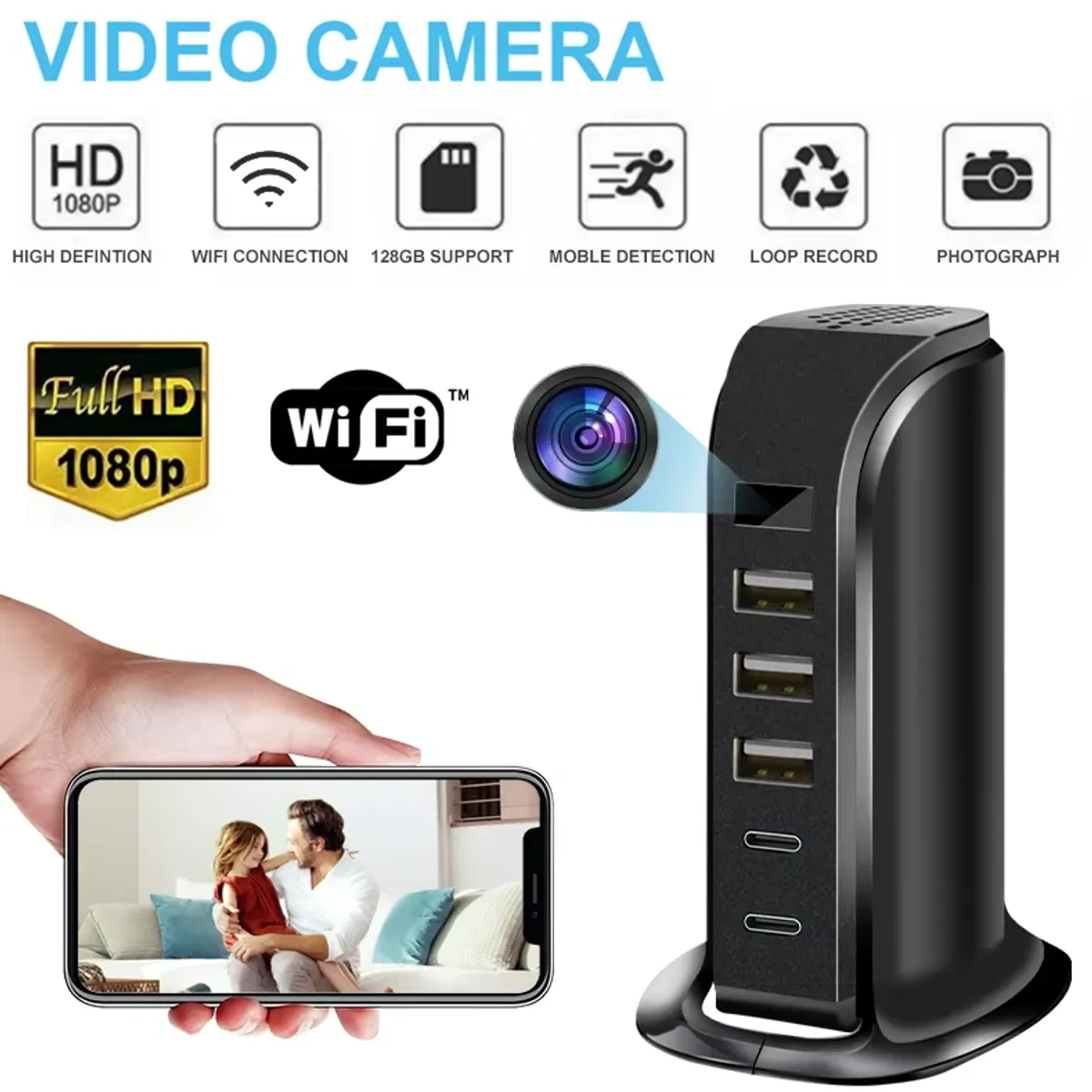 GENERICO - Cámara Espía Alámbrica Oculta Full Hd 4k Carga 4 Usb Y 1 C