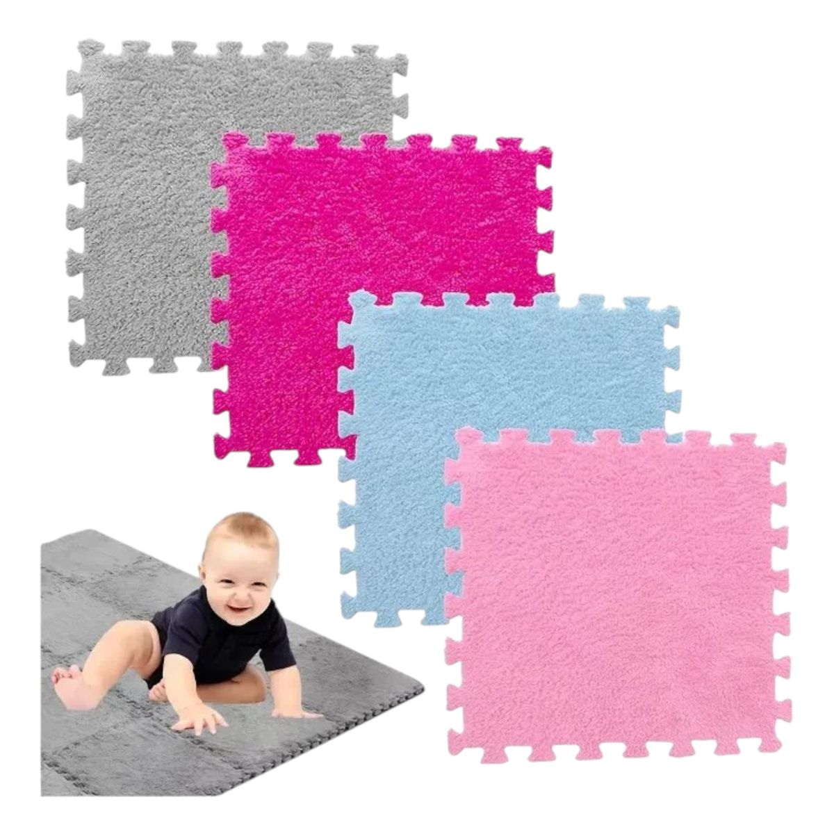 GENERICO - Set 10 Alfombras Goma Eva Peluda Niños Piso Felpa 30x30cm Gris