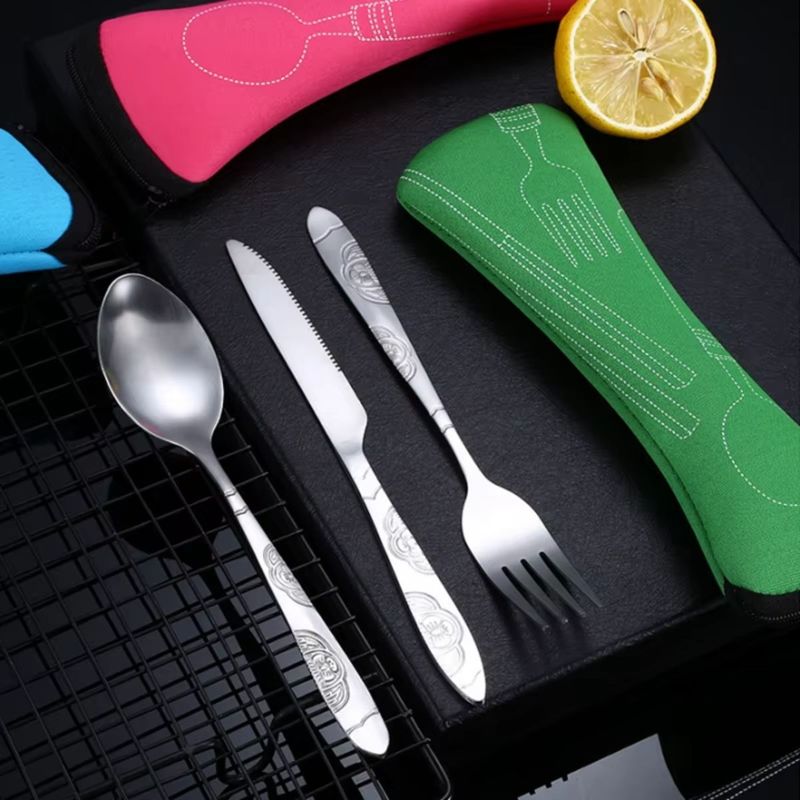 GENERICO - SET VAJILLA PORTATIL ACERO INOXIDABLE + ESTUCHE