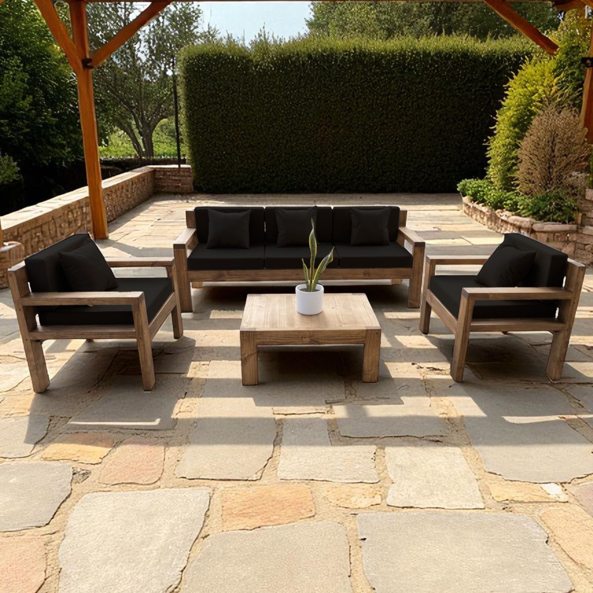 MIARUSTE - TERRAZA RÚSTICA MIARUSTE MODELO AMBAR 5 CUERPOS COLOR ROBLE COJINERÍA NEGRO.