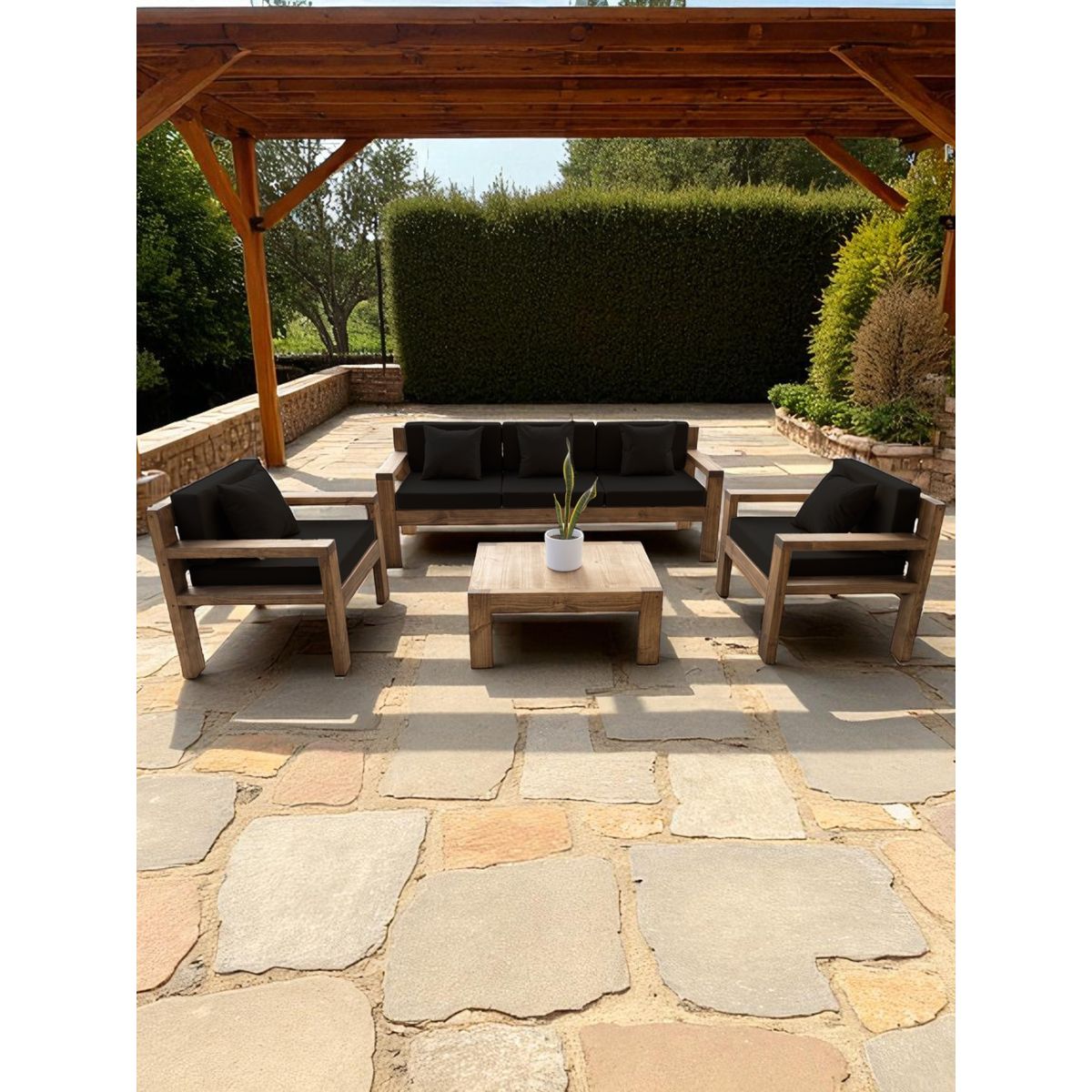 MIARUSTE - TERRAZA RÚSTICA MIARUSTE MODELO AMBAR 5 CUERPOS COLOR ROBLE COJINERÍA NEGRO.