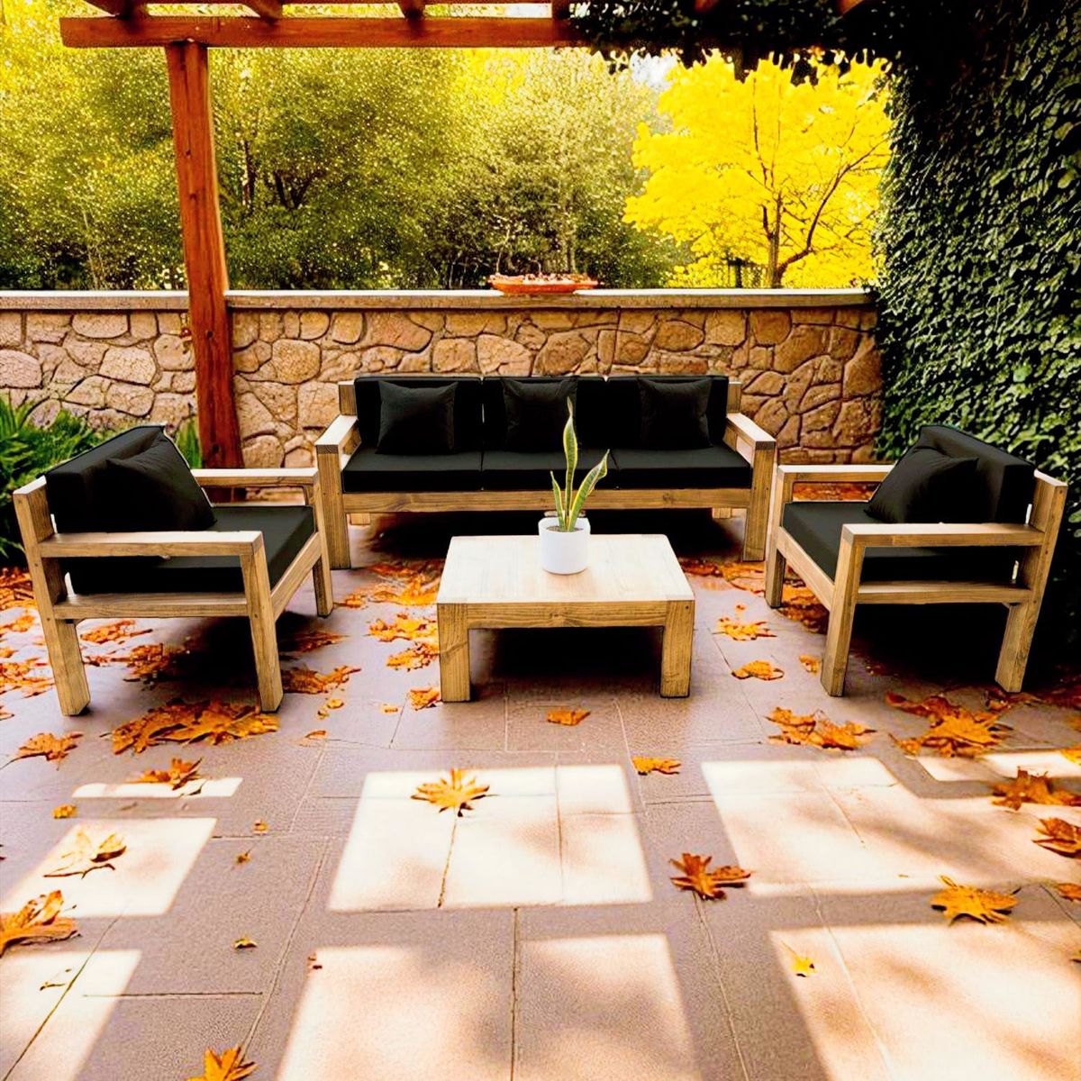 MIARUSTE - TERRAZA RÚSTICA MIARUSTE MODELO AMBAR 5 CUERPOS COLOR ROBLE COJINERÍA NEGRO.