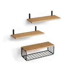 GLOBAL LATIN GROUP - Repisas flotantes de madera Set de 3 niveles con canasta metálica