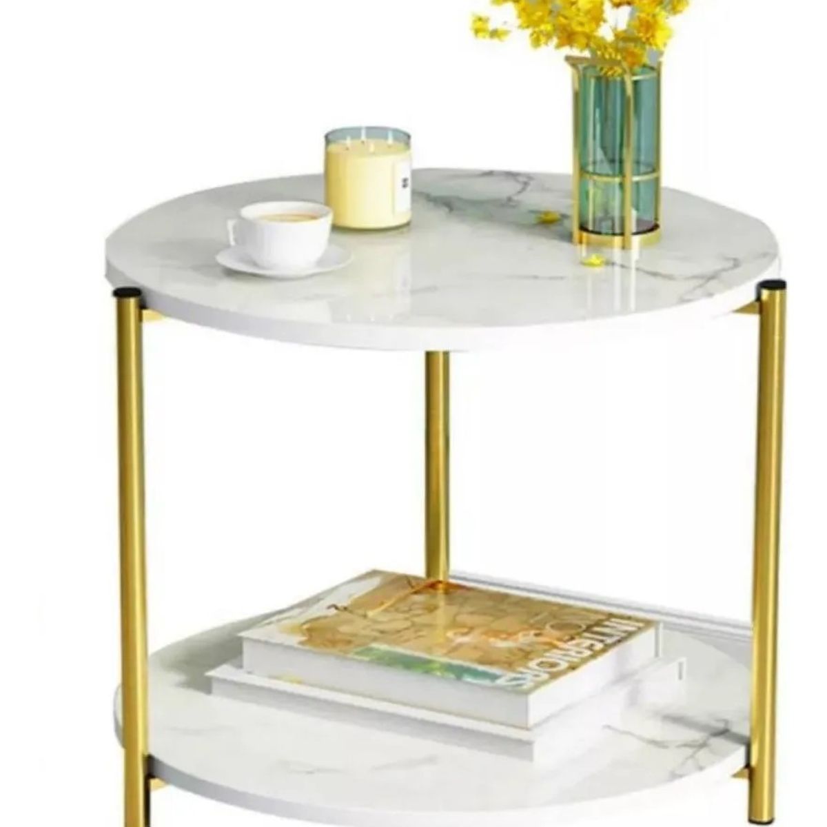 MUNDO MAGIA - Mesa Auxiliar Decorativa Para Sala Color Blanco Y Dorado