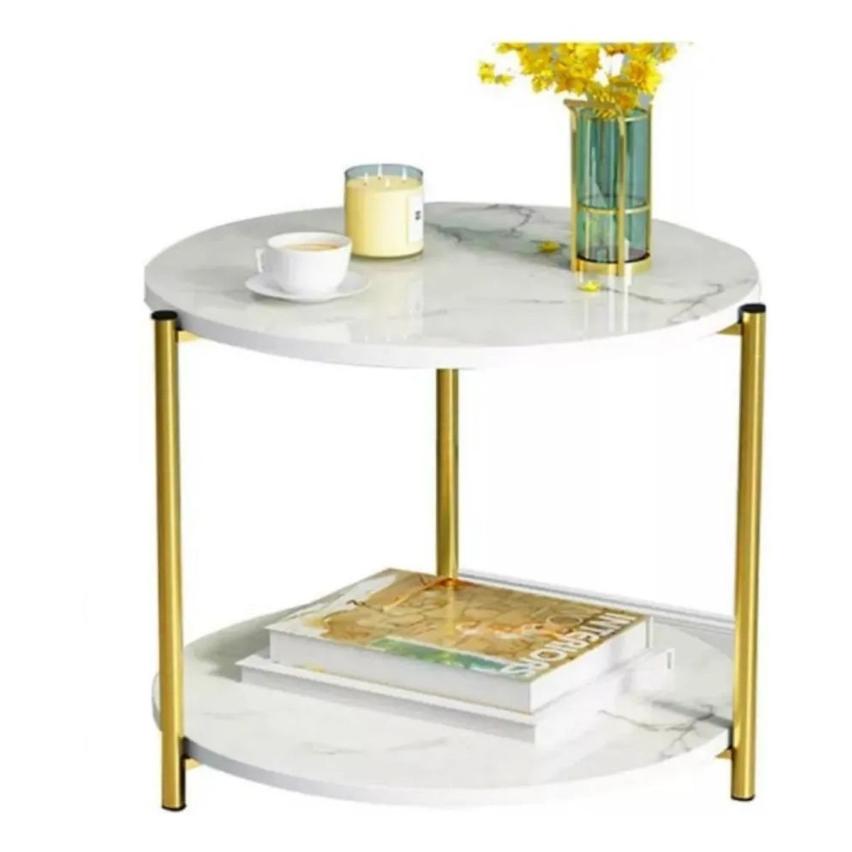 MUNDO MAGIA - Mesa Auxiliar Decorativa Para Sala Color Blanco Y Dorado