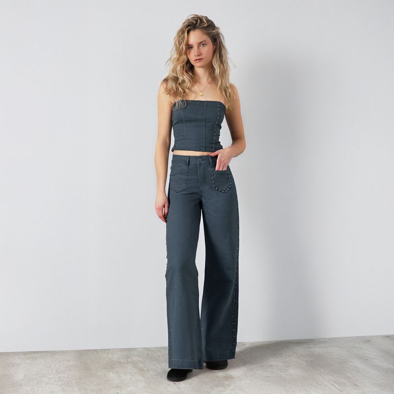 RAINDOOR - Pantalón Tachas Bolsillos Gris Straight Mujer Raindoor