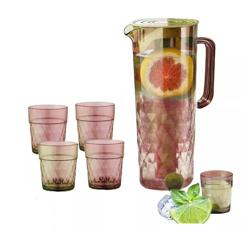 GENERICO - Set Jarra 2 Litros + 4 Vasos Agua Jugo Filtro Refrigerador
