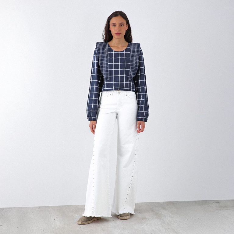 Blusa Cuadros Vuelos Azul Mujer Azul M