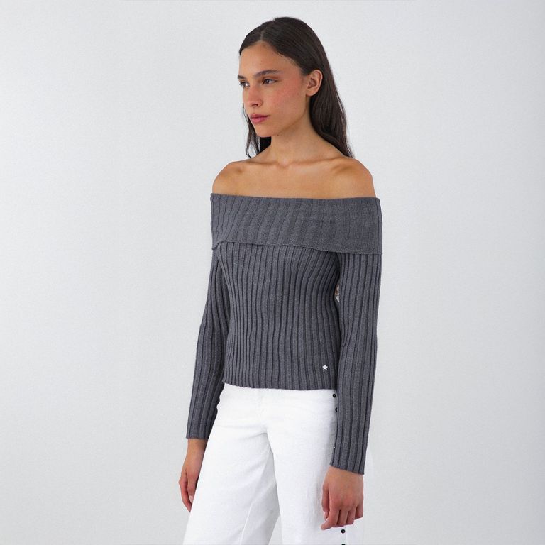 Polera Tejida Hombros Gris Mujer Gris L
